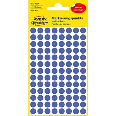 Abbildung von AVERY Zweckform 3591 selbstklebende Markierungspunkte 416 Stück (Ø 8mm, ablösbare Klebepunkte auf 4 Bogen, Farbcodierung, runde Aufkleber für Kalender, Planer und zum Basteln, Papier) blau
