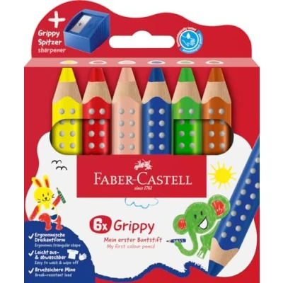 Abbildung von Faber Castell 110635 Set Grippy, 6 Jumbo Buntstifte für Kleinkinder, leicht abwaschbare Malstifte Kinder, ergonomische dreieckige Form, dicke Buntstifte, 10mm Mine, Anspitzer Inklusive