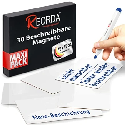 Abbildung von Reorda® Magnetstreifen beschreibbar 30 Stück wiederbeschreibbar 10 x 15cm (Weiß) Beschreibbare Magnete für Whiteboard, Kanban, Magnettafel oder als beschriftbare den Kühlschrank