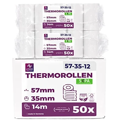 Abbildung von Ec Cash Thermorollen 57mm x 14m 12mm Kassenrollen Thermopapier Bonrollen für Bankomat Kredit Kartenlesegeräte (57x35x12) mit SEPA Lastschrifttext (50 Rollen)