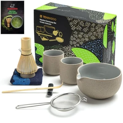 Abbildung von TEANAGOO Matcha Whisk Set Bowl mit gegossenem Spout Bambus Scoop Holding Tee Making Kit. 1 japanischer (7pcs) + 2 Cups (7,2oz), S2, dunkleres Grau
