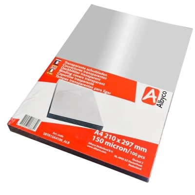 Abbildung von Albyco Klarsicht Deckblatt, PVC Deckblätter, Einbanddeckel, Transparent PVC, Format A4 210 x 297 mm, 0,15mm/150 micron, Glänzend, pro 100 Stück