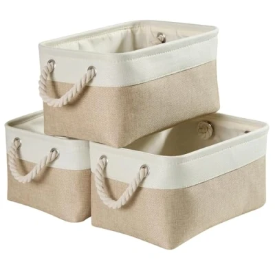 Abbildung von Mangata 3 Stück aufbewahrungskorb Stoff, aufbewahrungsbox Schrank, Korb aufbewahrung Stoff mit Seil für Spielzeug, kleiderschrank, Regale, Kleidung (Faltbare, Mittel, Khaki Weiß)