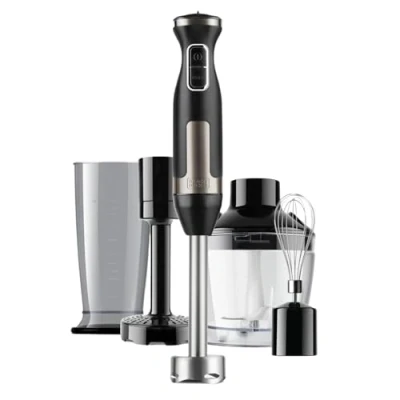 Abbildung von BLACK+DECKER Stabmixer BXHBA1500E 1500 Watt 20 Geschwindigkeiten Turbo Edelstahl Spritzschutz Inklusive Pürieraufsatz, Schneebesen, Zerkleinerer und Messbecher