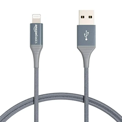 Abbildung von Amazon Basics Verbindungskabel USB A auf Lightning, doppelt Nylon umflochten, fortschrittliche Kollektion, MFi zertifiziertes Ladekabel für iPhone, dunkelgrau, 1.8 m