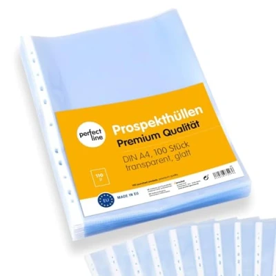 Abbildung von perfect line 100 Prospekthüllen A4, Klarsichtfolien Glasklar, Extra Stark, 110 my, dokumentenecht, säurefrei (1 x Stk.)