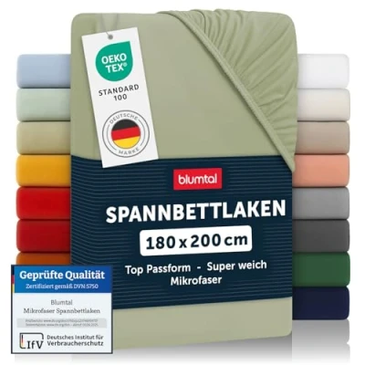 Abbildung von Blumtal® Spannbettlaken 180x200cm aus Microfaser Oekotex zertifiziertes Bettlaken 180x200 Leintuch / Spannbettuch Spannleintuch Olive Grün