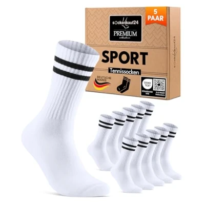 Abbildung von sockenkauf24 Socken Damen Sportsocken Weiß 35 38 Tennissocken Gepolstert Atmungsaktive Baumwolle 5 Paar Retro Crew