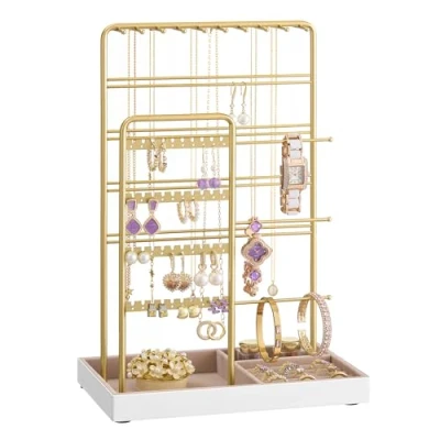 Abbildung von SONGMICS Schmuckständer, Schmuckhalter, Metallrahmen, Schmucktablett Samt, Schmuckaufbewahrung für Halsketten Armbänder Ohrringe Ohrstecker Ringe, Geschenkidee, blassgold kamelbraun JJS028A01