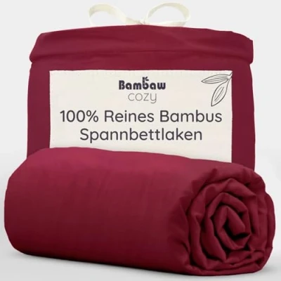 Abbildung von Spann Bettlaken in Burgunderrot 160x200 cm Spannbetttuch Bambus Bettwäsche Kühl Winter und Sommer Spannbettlaken Allergiker Besser Schlafen Bambaw