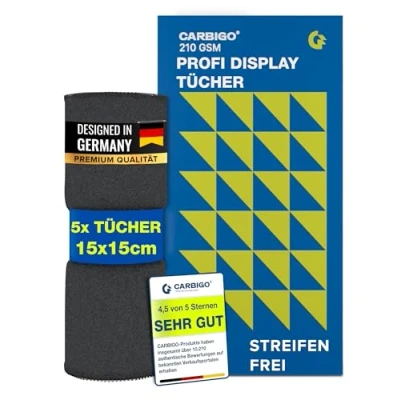 Abbildung von Carbigo® 210 GSM Profi Mikrofasertuch Display Streifenfreie Reinigung von Display, Brillen, Bildschirmen Fusselfreies &amp; weiches Microfasertuch Innovatives Poliertuch 15x15cm (5)