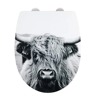 Abbildung von WENKO WC Sitz Yak mit Hochglanz Oberfläche, Toilettendeckel Absenkautomatik, bruchstabiler, recycelbarer Thermoplast, Schnellbefestigung aus rostfreiem Edelstahl, 36,5 x 45 cm, Motiv