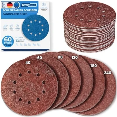 Abbildung von Effektwerk Schleifscheiben (60er Pack, 10 Löcher), 225 mm Schleifpapier für Fein und Grobschliff, verschiedene Körnungen 40/60/ 80/120/180/240 (je Stück)