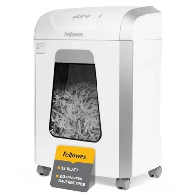 Abbildung von Fellowes Aktenvernichter, Papierschredder für 12 Blatt Partikelschnitt, TÜV SÜD + GS zertifizierter Aktenvernichter P4, Schredder Büro &amp; Homeoffice, Powershred FS 12C, 19L Papierkorb Kreditkarten Weiß