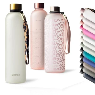 Abbildung von MAMEIDO Trinkflasche 1l &amp; 1,5l Kohlensäure geeignet, auslaufsichere mit Zeitmarkierung als Trinkerinnerung, Wasserflasche BPA frei für Sport (Ivory Beige, 1000ml)