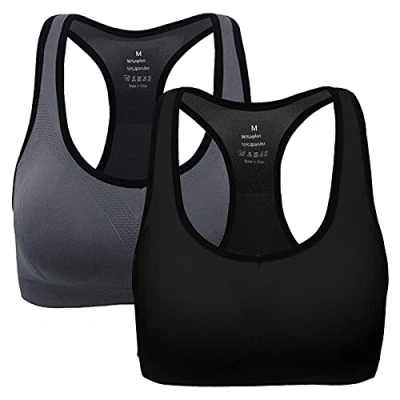 Abbildung von ANGOOL Damen Komfort Klassische Racerback Sport BH Top Fuer Yoga Fitness Training, S Fit 65B 65C 65D 70BC 70D 75BC, Schwarz+grau