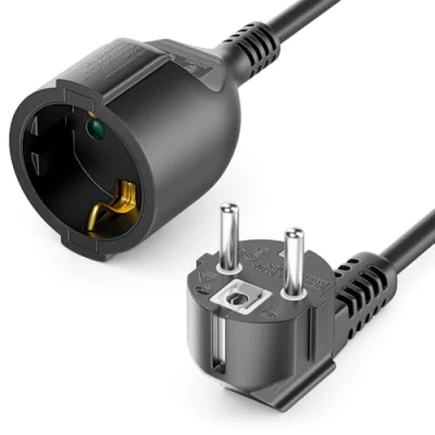 Abbildung von deleyCON 5m Verlängerungskabel Stromkabel Netzkabel Verlängerung Schutzkontakt Stecker Typ F (CEE 7/4) 90 Gewinkelt auf Buchse 7/3) Berührungsschutz TV PC Computer Beamer Schwarz