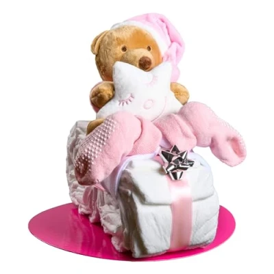 Abbildung von Windeltorte Mädchen in Rosa Motorrad mit Kuscheltier, Geschenk zur Geburt &amp; Taufe Handgefertigte Baby Windeln, Mullwindel Glückwunschkarte