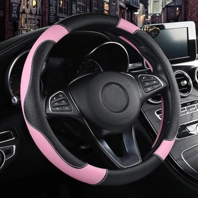 Abbildung von Istn Unisex Sport Stil Kontrast Farbe rutschfeste Schweiß Gute atmungsaktive PU Kunstleder 38 cm Auto Lenkrad Abdeckung Rosa
