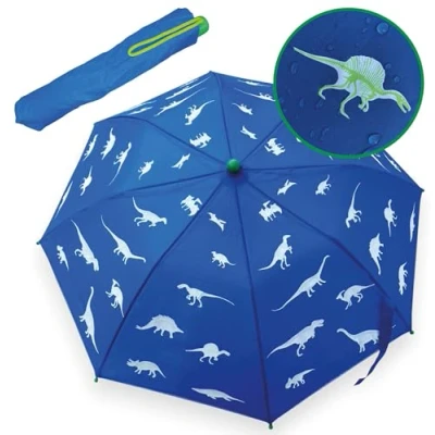 Abbildung von HECKBO Magischer Dinosaurier Regenschirm für Kinder Farbwechsel bei Regen, Kompakt &amp; Faltbar Schultaschen, Sicher mit 360 Reflektoren, Ergonomischer Holzgriff Schutzkappen Hülle