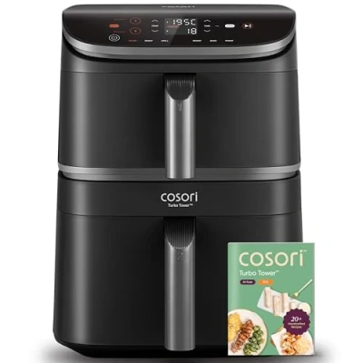 Abbildung von COSORI Turbo Tower Heißluftfritteuse mit 2 Kammern, 10,8 L Double Stack Airfryer, spart 41 Prozent Küchenfläche, Luftstrom für knusprige Ergebnisse, inkl. Rezeptheft und Grillrost
