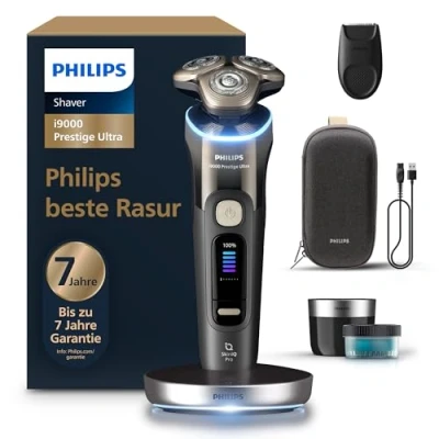 Abbildung von Philips Rasierer i9000 Prestige Ultra, Nass und Trockenrasierer für Männer, schwarz, Druck Bewegungssensor, Trimmeraufsatz, Reinigungsstation, Ladestation &amp; Reiseetui (Modell XP9405/31)