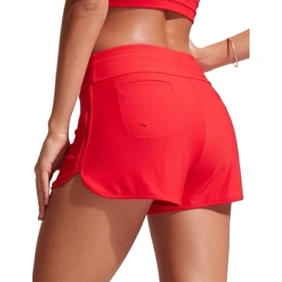 Abbildung von CRZ YOGA Damen Badeshorts Schnell Trocknend Schwimmshorts Sommer Boardshorts mit Seitlichem Split Tiefrot 40
