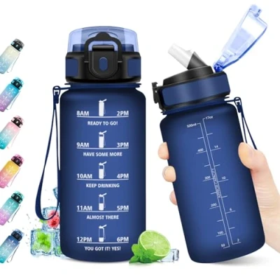 Abbildung von Trinkflasche 500ml, Wasserflasche mit Zeitmarkierung, Auslaufsicher, Strohhalm, BPA frei, Sportflasche für Fitness, Fahrrad, Büro, Schule, Outdoor, Erwachsene, Sprudel geeignet