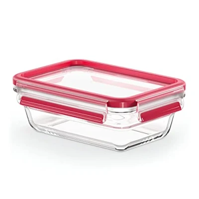 Abbildung von Emsa N10406 Clip &amp; Close Glas Frischhaltedose 0,7 L stapelbar gefrierfest backofenfest mikrowellenfest rutschfestes Stapeln 100% dicht spülmaschinenfest Transparent/Rot