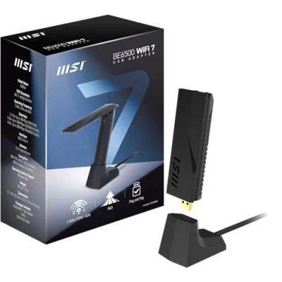 Abbildung von MSI BE6500 WiFi 7 USB Adapter WLAN bis zu 2880 Mbit/s (6 GHz) + (5 688 (2,4 GHz), MU MIMO, einstellbare Antenne Kabelgebundene Halterung inbegriffen