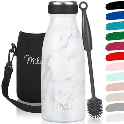 Abbildung von Milu Edelstahl Trinkflasche 350ml, 500ml, 750ml, 1L, 1,5L Thermosflasche für Kinder Erwachsene auslaufsicher Isolierflasche Kohlensäure geeignet inkl. Reinigungsbürste (Marble, 350ml)