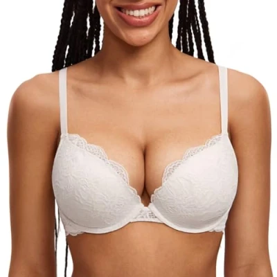 Abbildung von DOBREVA Damen Push Up BH Mit Spitze Gepolstert Plunge Bügel Vollschalen BHS Gemoldete Cups Kokosnuss Weiß 90A