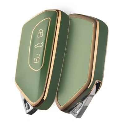 Abbildung von OATSBASF Autoschlüssel Hülle für VW, Schlüssel Kompatibel Golf 8 Seat Leon MK 4 Tarraco Ateca Skoda Octavia TPU Silicone Schlüsselhülle (Goldener Rand Grün)