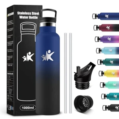 Abbildung von KollyKolla Trinkflasche Edelstahl 1L, Wasserflasche Auslaufsicher, BPA Frei Thermoskanne mit Strohhalm, Vakuum Thermosflasche, Leicht zu Reinigen, Kohlensäure Geeignet, für Sport, Fahrrad, Camping