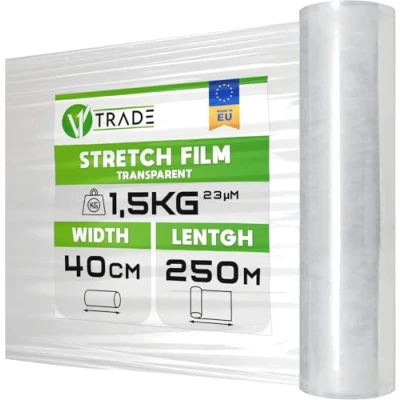 Abbildung von V1 Trade Stretchfolie Transparent Folie für Möbel Hand Umzugfolie 250m x 40 cm Stretchfolienrolle Transparentfolie 23my Verpackungsfolie auf Rolle Wickelfolie Umzugsfolie Dehnung 250%