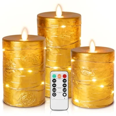 Abbildung von Da by Goldene LED Kerzen, Batteriekerze mit eingelassener Lichterkette, 3 teilige flammenlose Kerze 11 Tasten Fernbedienung, 24 Stunden Timer Funktion, tanzende Flamme, echtes Wachs