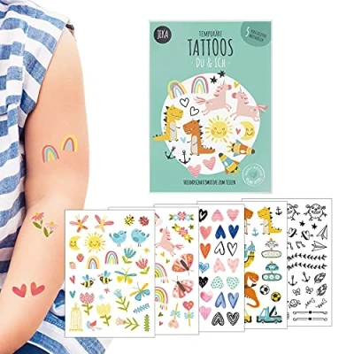 Abbildung von Hautfreundliche Kindertattoos zum Aufkleben Motiv DU &amp; ICH, Freundschaftstattoos, Kinder Tattoo Set mit 5 Bögen, Tattoos Kinder, 100% Vegan und Hergestellt in Österreich, JEKA