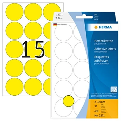 Abbildung von HERMA 2271 Punktaufkleber Klebepunkte gelb, 480 Stück, Ø 32 mm, 15 pro Bogen, selbstklebend, Markierungspunkte für Kalender Planer Basteln, matt, blanko Papier Farbpunkte Aufkleber