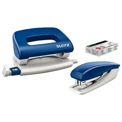 Abbildung von Leitz Mini Heftgerät und Locher Set, Für 10 Blatt, Ergonomische Form, Blau, NeXXt Serie, 55076035
