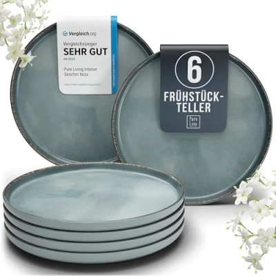Abbildung von Steingut Frühstücksteller 6 Pers. Rustic Hochwertiges Landhausstil TEST SEHR GUT Dessertteller Set Kuchenteller spülmaschinen und kratzfest Kleine Teller, Salatteller Pure Living in Rauchblau