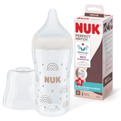 Abbildung von NUK Perfect Match Babyflasche Ab 3 Monate Passt sich dem Baby an Temperature Control Anti Colic 260 ml BPA frei Silikontrinksauger, Medium Regenbogen