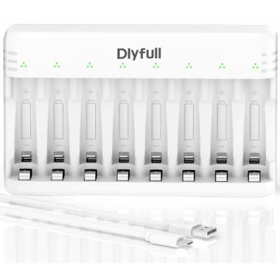 Abbildung von Dlyfull Batterieladegerät, 8 Fach Akku Ladegerät für NI MH/NI CD Mignon AA und Micro AAA mit LED Anzeige, 5V/2A USB C Stromsparen Energieeinsparung Wiederaufladbaren Batterien, Weiß