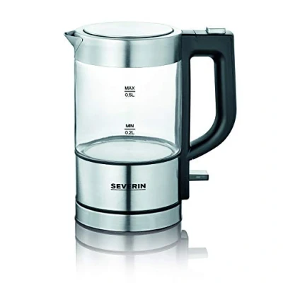 Abbildung von SEVERIN Mini Glas Wasserkocher 0,5 L, leistungsstarker und kompakter in hochwertigem Design, elektrischer mit Kalkfilter, edelstahl/schwarz, WK 3472