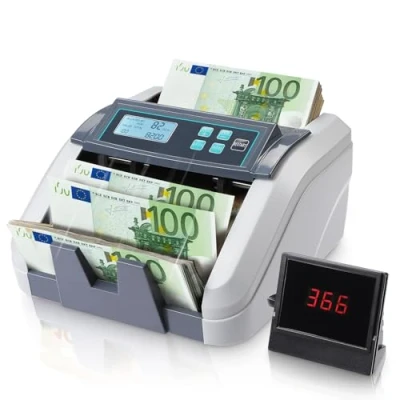 Abbildung von MUNBYN IMC51 Geldzählmaschine, Add+Batch/Value Modus Geldscheinzähler, UV/MG/IR/MT Erkennung, nur EUR Geldzähler, 1100 Blatt/min, LCD Display, 2 Jahre Garantie Grau, Kann gemischte Noten nicht zählen