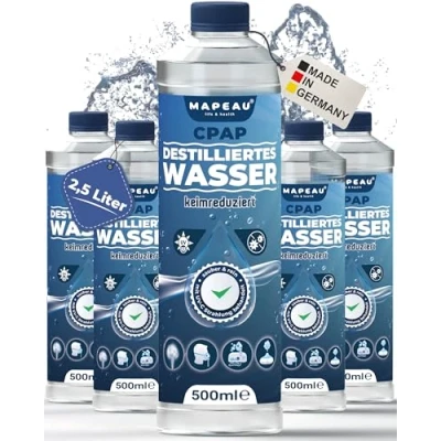 Abbildung von Mapeau CPAP destilliertes Wasser für Geräte, Sauerstoffgerät, Inhalator, Luftbefeuchter, Atemgas Befeuchtung (5x 500ml)