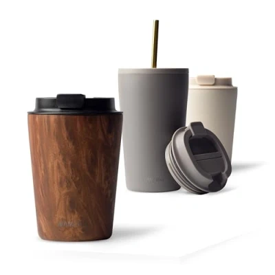 Abbildung von MAMEIDO Thermobecher 350ml, 470ml &amp; 700ml dichter Kaffeebecher to go aus Edelstahl doppelwandig isoliert, auslaufsicher Coffee Becher warmhaltend (Oak Wood, 0,35l)