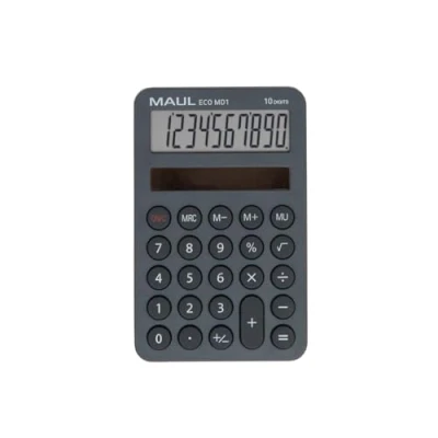 Abbildung von MAUL Taschenrechner Eco MD 1 Solar mit 10 Stellen und 5 Funktionen aus 60% recyceltem Kunststoff Tischrechner für Büro, Schule Blauer Engel/uz116 Grau