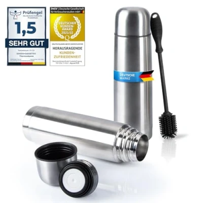 Abbildung von Edelstahl Thermosflasche mit Becher &amp; Bürste; Thermoskanne Doppelwandige Isolierkanne; Auslaufsicher, Spülmaschinenfest BPA frei + Reinigungsbürste; hält Getränke heiß kalt (Silber, 1000 ml)