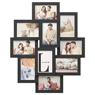 Abbildung von SONGMICS Bilderrahmen Collage, Fotorahmen Familie, für 10 Fotos je x 15 cm (4 6 Zoll), aus MDF Platten, Montage erforderlich, schwarz RPF20BK