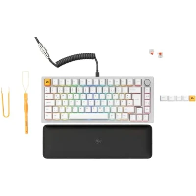 Abbildung von Glorious Gaming GMMK PRO 75% Modulares mechanisches Keyboard, TKL, Grundgerüst 1,5 kg, voll anpassbar, Spiralkabel, Handgelenkablage, PBT Tastenkappen, Deutsch QWERTZ Layout Weiß